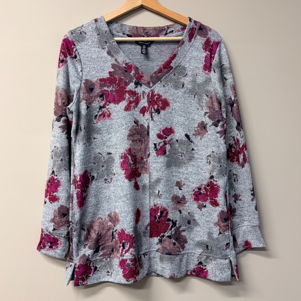 Ellen Tracy Womens M Romance Floral V-Neck Top Grey Pink Long Sleeve Pockets